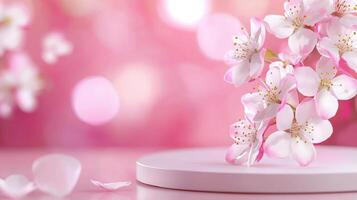 White 3d spring podium showcasing beauty products amidst a shower of falling pink flowers rose petals, creating a romantic and luxurious atmosphere background photo