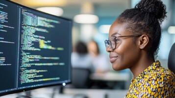 Focused software developer woman analyzing code on a computer screen in a modern office environment, showcasing technology and innovation photo