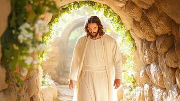 contento Pascua de Resurrección Jesús Cristo es ascendente Roca escalera desde un oscuro cueva dentro el brillante ligero de cielo, Biblia simbolizando Resurrección, esperanza, y fe foto