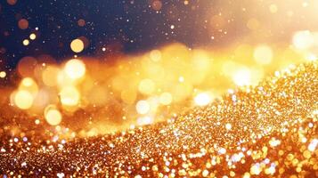 abstract Golden particles shimmering on dark blue background, creating a magical dreamy bokeh glitter effect, perfect for festive celebrations, 4K photo