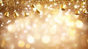 golden christmas particles and sprinkles for a holiday celebration like new year. shiny bokeh lights. wallpaper background photo