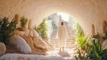 Happy Easter Jesus Christ is walking out tomb after the resurrection, bathed in bright sunlight photo