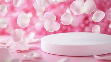 White spring podium showcasing beauty products amidst a shower of falling flowers rose petals, creating a romantic and luxurious atmosphere photo