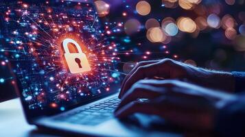 Software engineer working on a laptop with a security lock graphic overlaid on the screen, signifying software security Cybersecurity concept photo