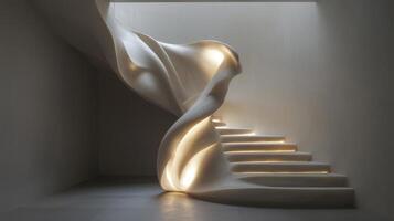 Warm light illuminating modern curved staircase in a luxury home, creating an elegant and futuristic ambiance sleek open-space photo