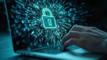 Software engineer working on a laptop with a security lock graphic overlaid on the screen, signifying software Cybersecurity concept photo