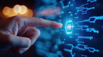 Futuristic glowing interface touchscreen with digital concentric circles is being activated by a finger human and robotic intelligence photo