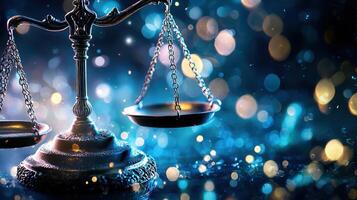 Brass scales of justice legal balancing on a glittering surface with a beautiful bokeh effect, conveying a sense of fairness, law, and equality, 4K photo