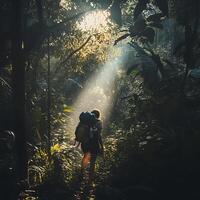 A person with a backpack walking through the jungle photo