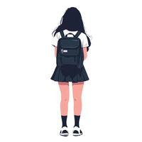 A girl with a backpack standing in front of a white background photo