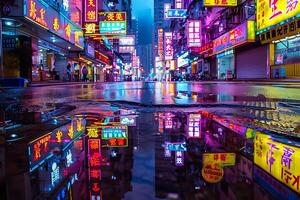 A wet street with neon signs reflecting in the puddle photo