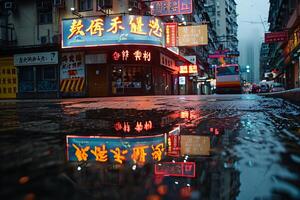 A wet street with buildings reflected in a puddle photo