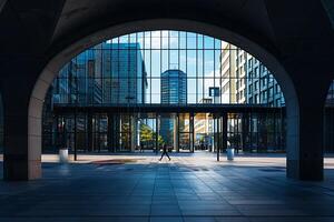 A person walking in a large building with a lot of windows photo