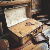 An old suitcase with a map and a leather bag photo
