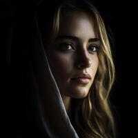 A beautiful woman with long hair and a hood photo