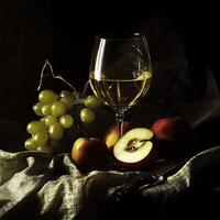 A glass of wine and grapes on a table photo
