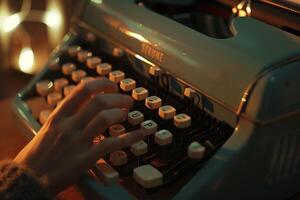 A person typing on a typewriter with a candle in the background photo
