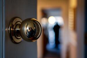 A door knob with a reflection of a person in the background photo