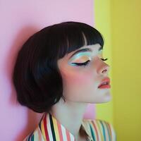 A woman with bright makeup and colorful clothes photo