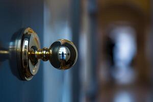A door knob with a reflection of a person in the background photo