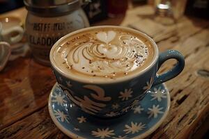 A cup of coffee with a heart design on it photo
