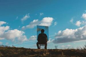 A man sitting on a chair with a glass window in front of him photo