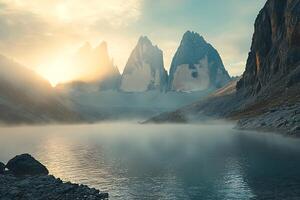 A mountain range with a lake and fog photo