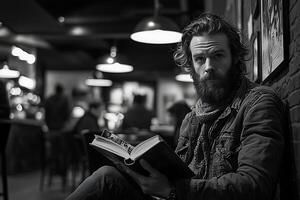 A man with a beard sitting in a bar reading a book photo