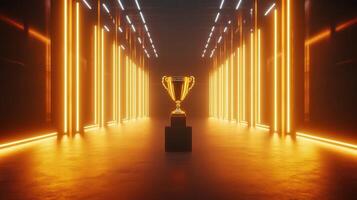 Gold trophy championship stage adorned with a laurel wreath shining on an illuminated podium in a dark room filled with neon lights background photo