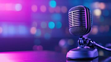 Close up of a classic vintage neon microphone with dramatic lighting and a smoky background, evoking a retro musical ambiance photo