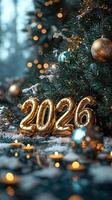 Glittering golden numbers 2026 balloons flanking silver adorned christmas tree background, highlighting festive new year celebration by sparkling confetti photo