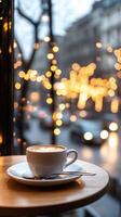 Warm cappuccino in a white cup sits by a window, with vibrant city lights creating a bokeh effect in the background, evoking a cozy urban vibe photo