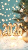 Golden 2026 numerals glowing near sparkling christmas tree, symbolizing holiday anticipation and approaching new year celebration background photo