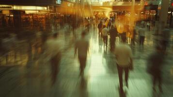 Crowded shopping mall escalator blurred people motion, capturing shoppers rushing through busy commercial space background photo