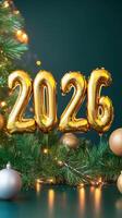 Glittering golden numbers 2026 balloons flanking silver adorned christmas tree, highlighting festive new year celebration moment photo