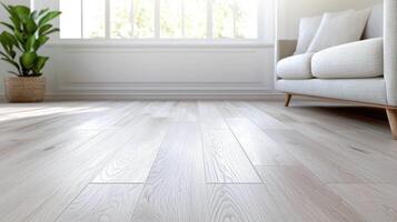 Close-up Bright sunlight casting delicate shadows across pristine white wooden laminate flooring, highlighting minimalist interior design's serene aesthetic photo