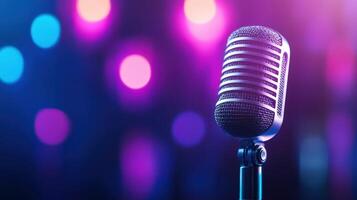 Close up of a classic vintage microphone with dramatic lighting and a smoky neon background, evoking a retro music ambiance photo