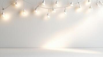 Luminous bulbs hanging from wire, emitting soft glow against white background, generating cozy, dramatic lighting effect Copy space for text photo