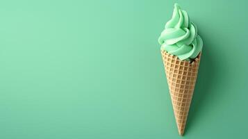 A Emerald ice cream cone on a green background, summery setting with copy space. photo