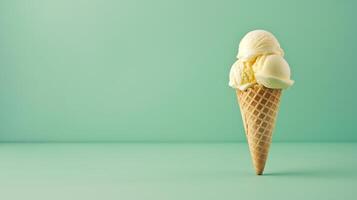 A Light Yellow ice cream cone on a green background, summery setting with copy space. photo