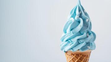 A Sky Blue ice cream cone on a blank white background, summery setting with copy space photo