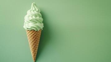 A Emerald ice cream cone on a blank green background, summery setting with copy space. photo