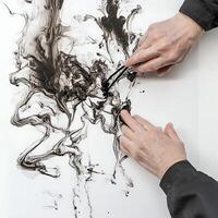 A person is using a pair of scissors to cut into a piece of ink photo