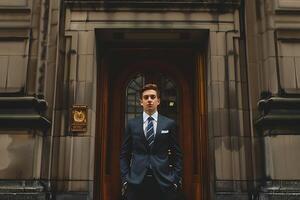 A man in a suit standing in front of a door photo