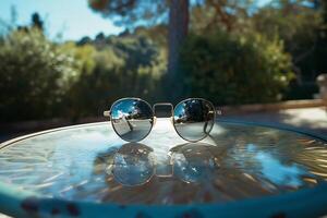Sunglasses on a table with a reflection of trees photo