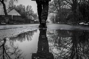 A person walking in the rain with their reflection in the puddle photo