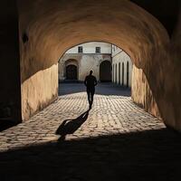 A person walking through an archway in a courtyard photo