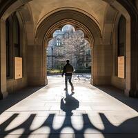A person walking through an archway photo