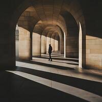 A person walking through a tunnel with arches photo