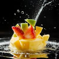A fruit salad with water splashing on it photo
